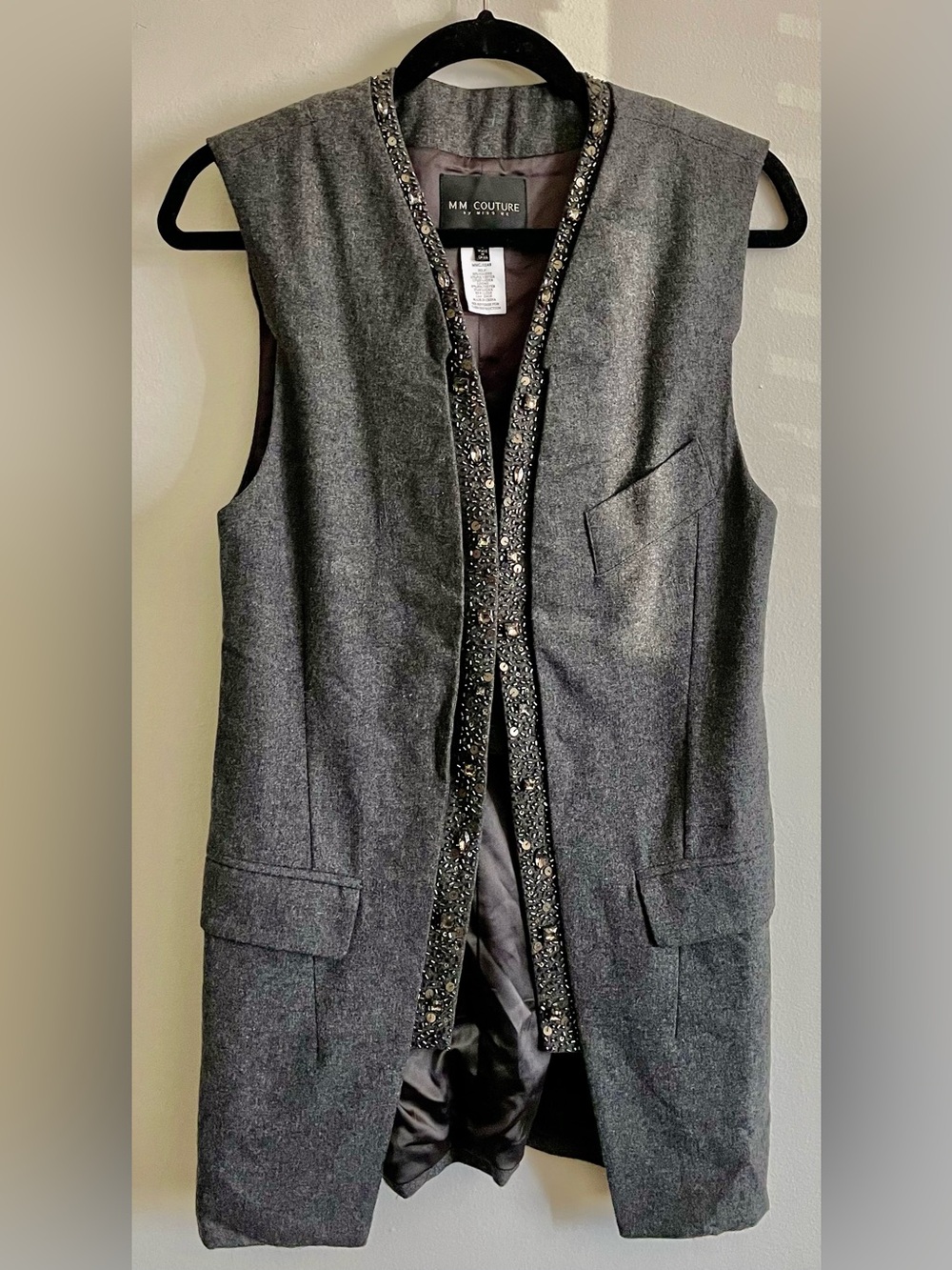 💍 MM Couture Gray Sleeveless Wool-Blend Vest with Beaded Trim 💍